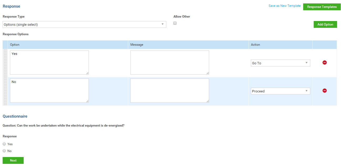 A screenshot of the single select response options in most audits.