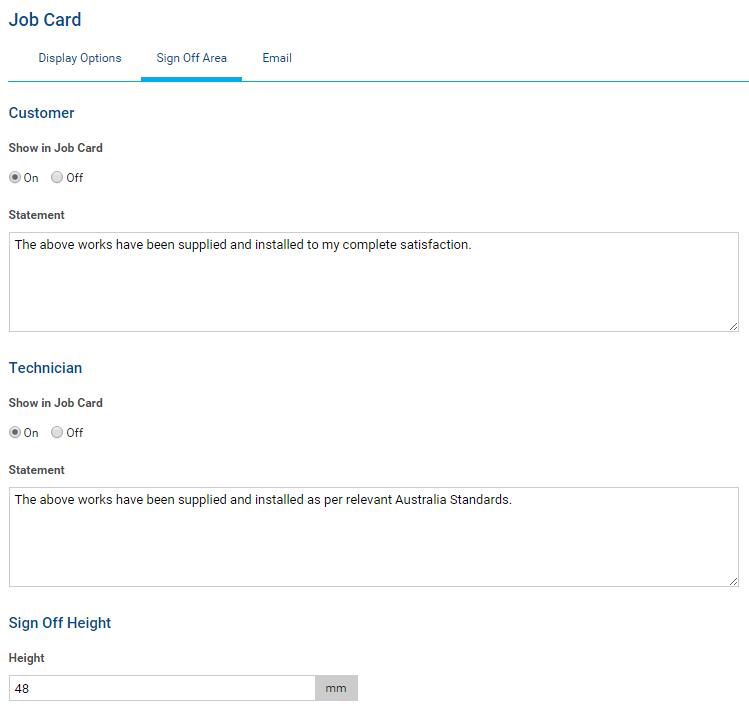 A screenshot of the Job Card Sign Off settings in Simpro Premium.