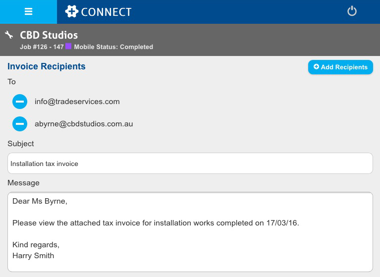 A screenshot of the Email Invoices page in Connect.