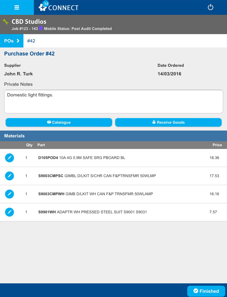 A screenshot of a completed purchase order in a job in Connect.