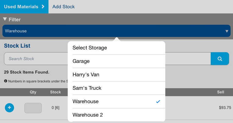 A screenshot of storage devices available to search for items in.