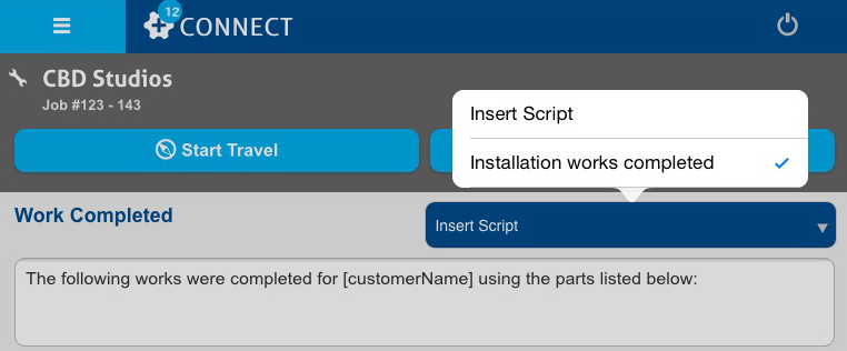 A screenshot of scripts available to use to describe works completed in Connect.