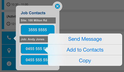 A screenshot of the site contact options in the runsheet in Connect.
