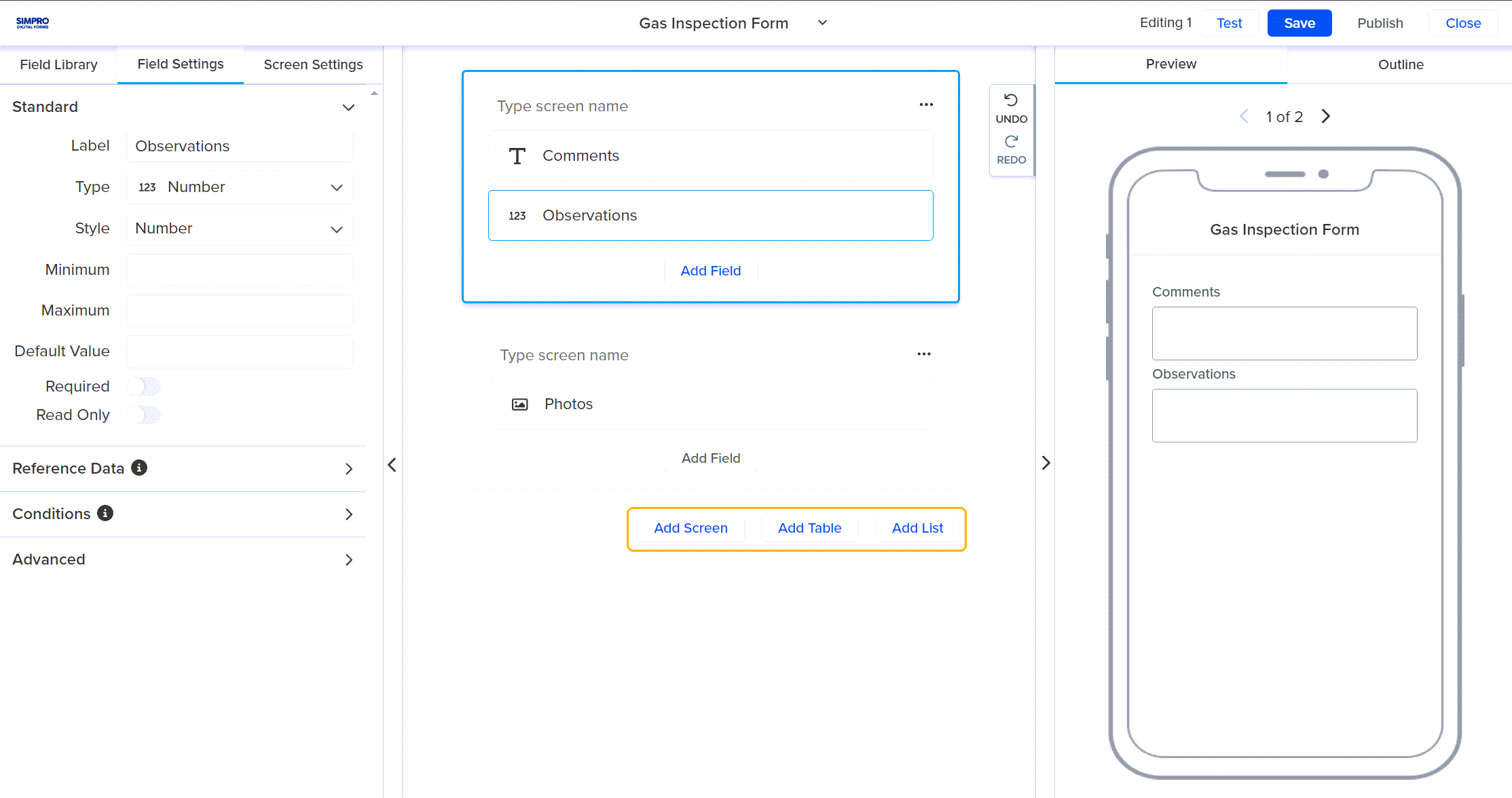 A screenshot of the Add Screen and Add Table options.