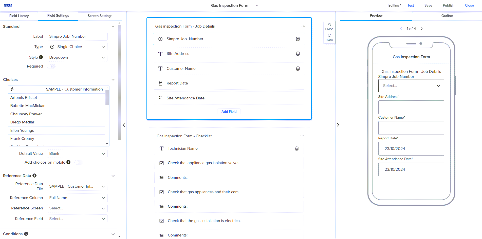 A screenshot of the settings options on a field.