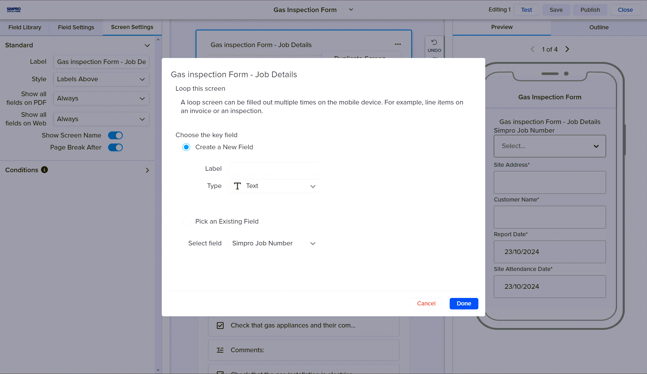 A screenshot of the Conditions tab in field settings.