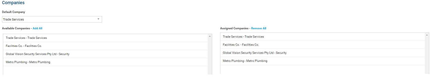 A screenshot of an employee assigned to different companies.