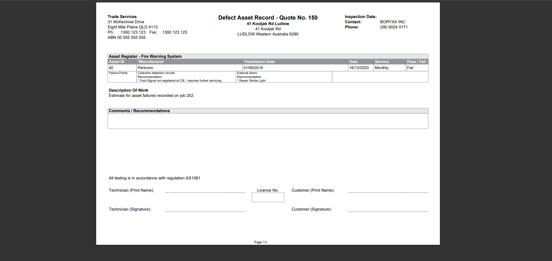A screenshot of the Asset Record - Defect form.