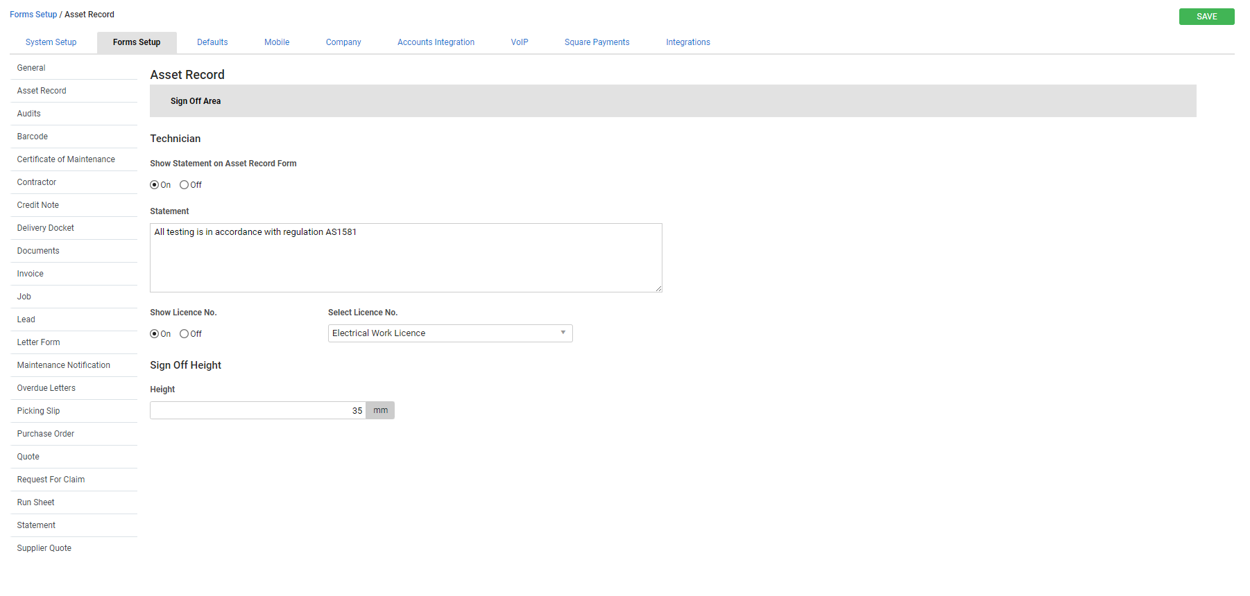 A screenshot of the Asset Record Form setup page.