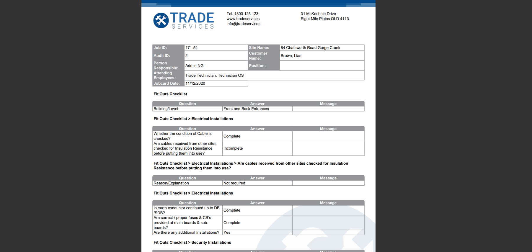 A screenshot of an example of an audit PDF form with layout settings applied.