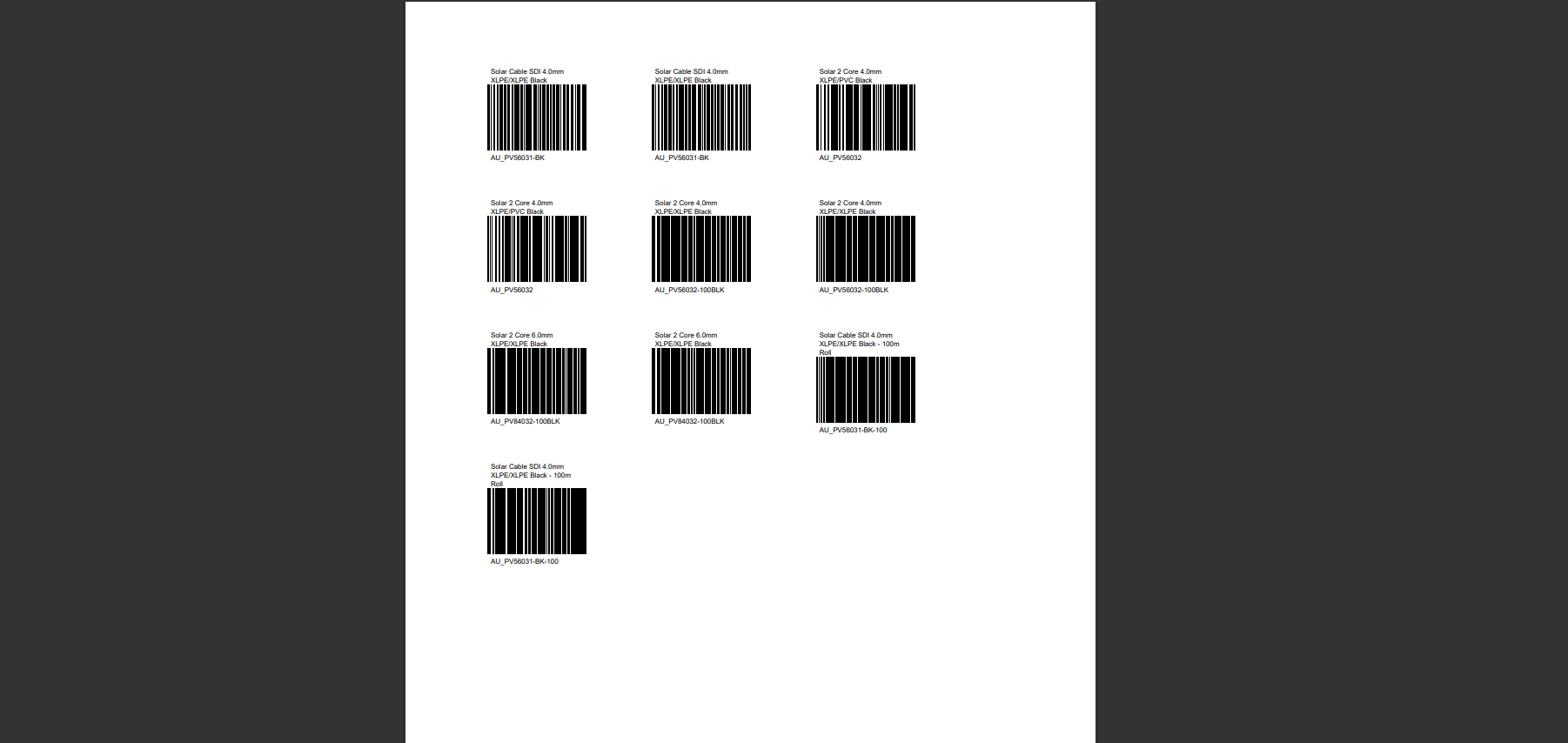 A screenshot of an example barcode form, with two columns of black barcodes with part numbers and item descriptions.