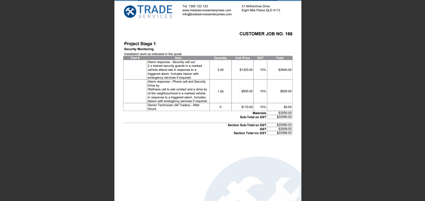 A screenshot of an itemised invoice form including prices.