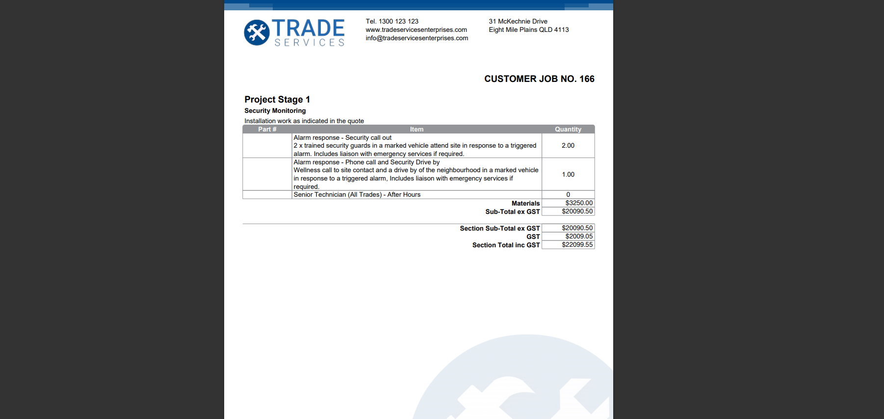 A screenshot of an itemised invoice form.