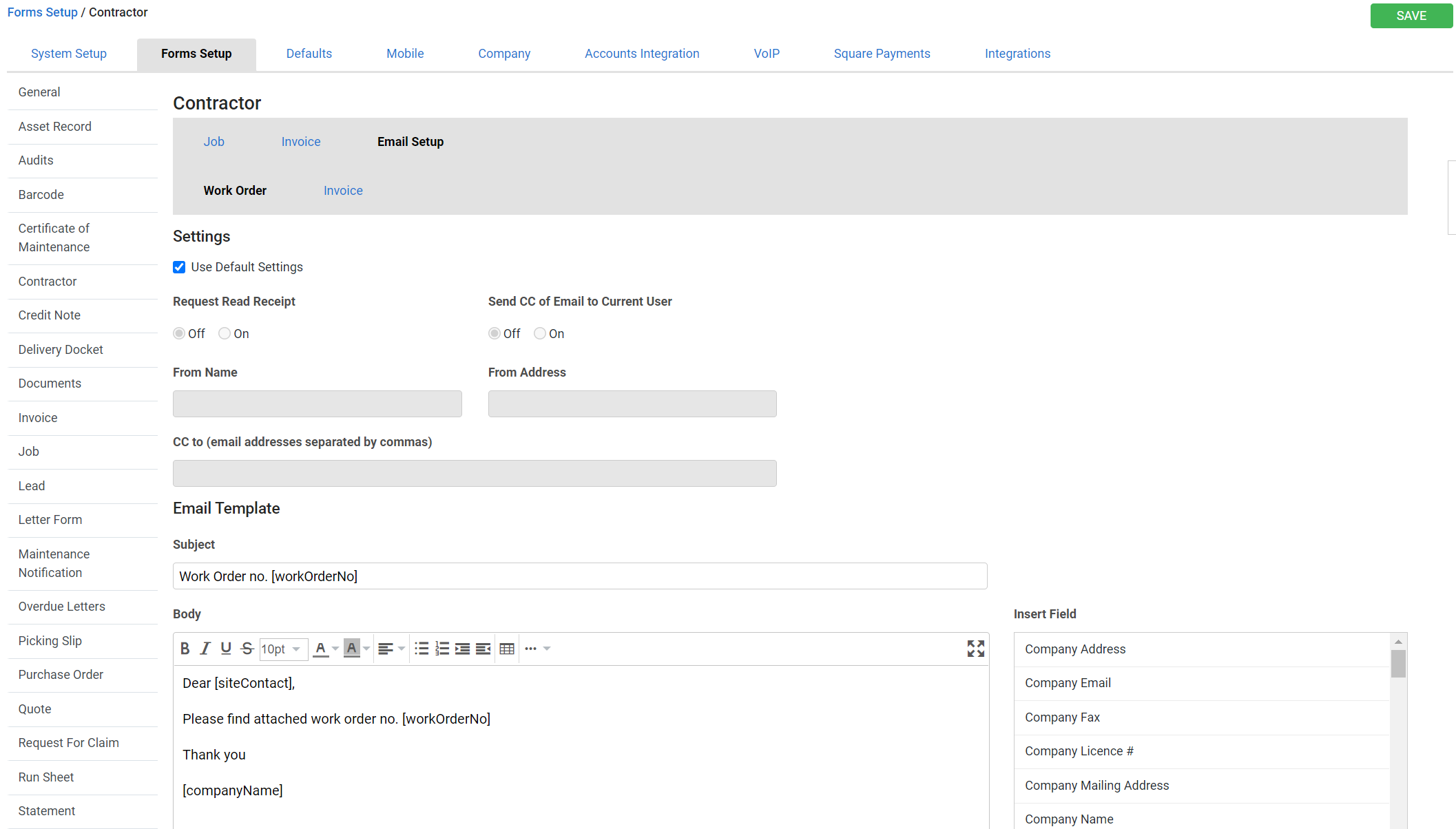 A screenshot of the contractor work order and invoice email settings.