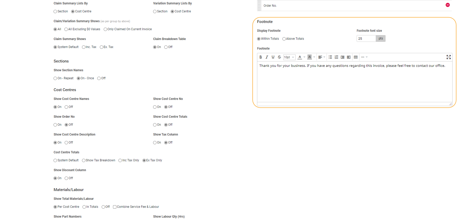 A screenshot of the setup options for invoice form footnotes.