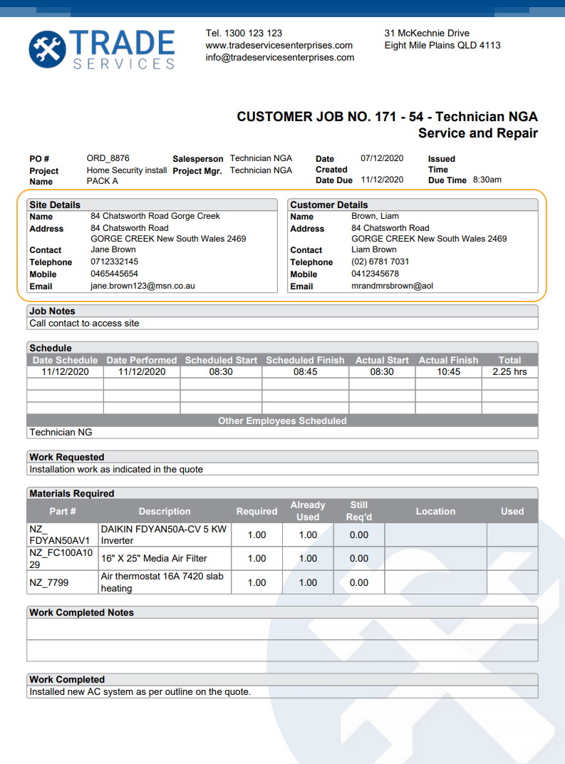 A screenshot of the job card detail header columns above the site and customer details.