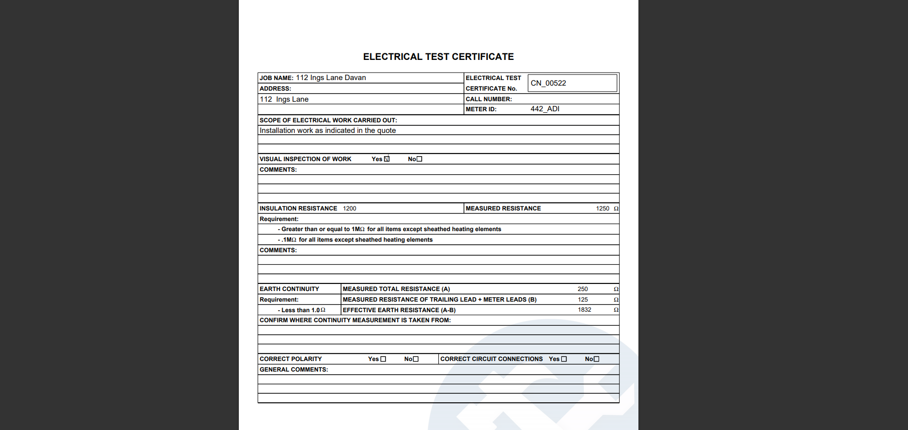 A screenshot of the advanced gas certification form.