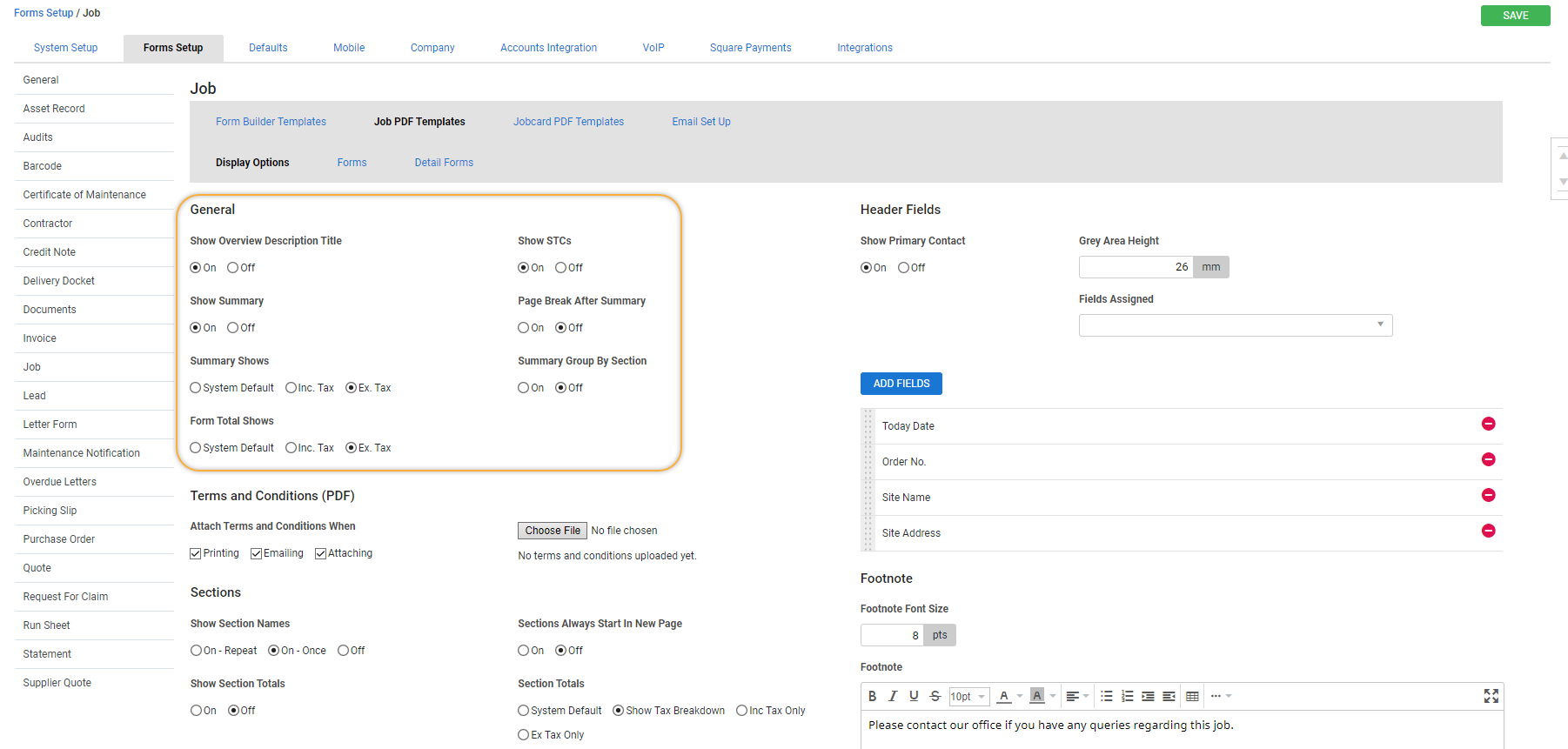 A screenshot of the General forms setup options for job forms.