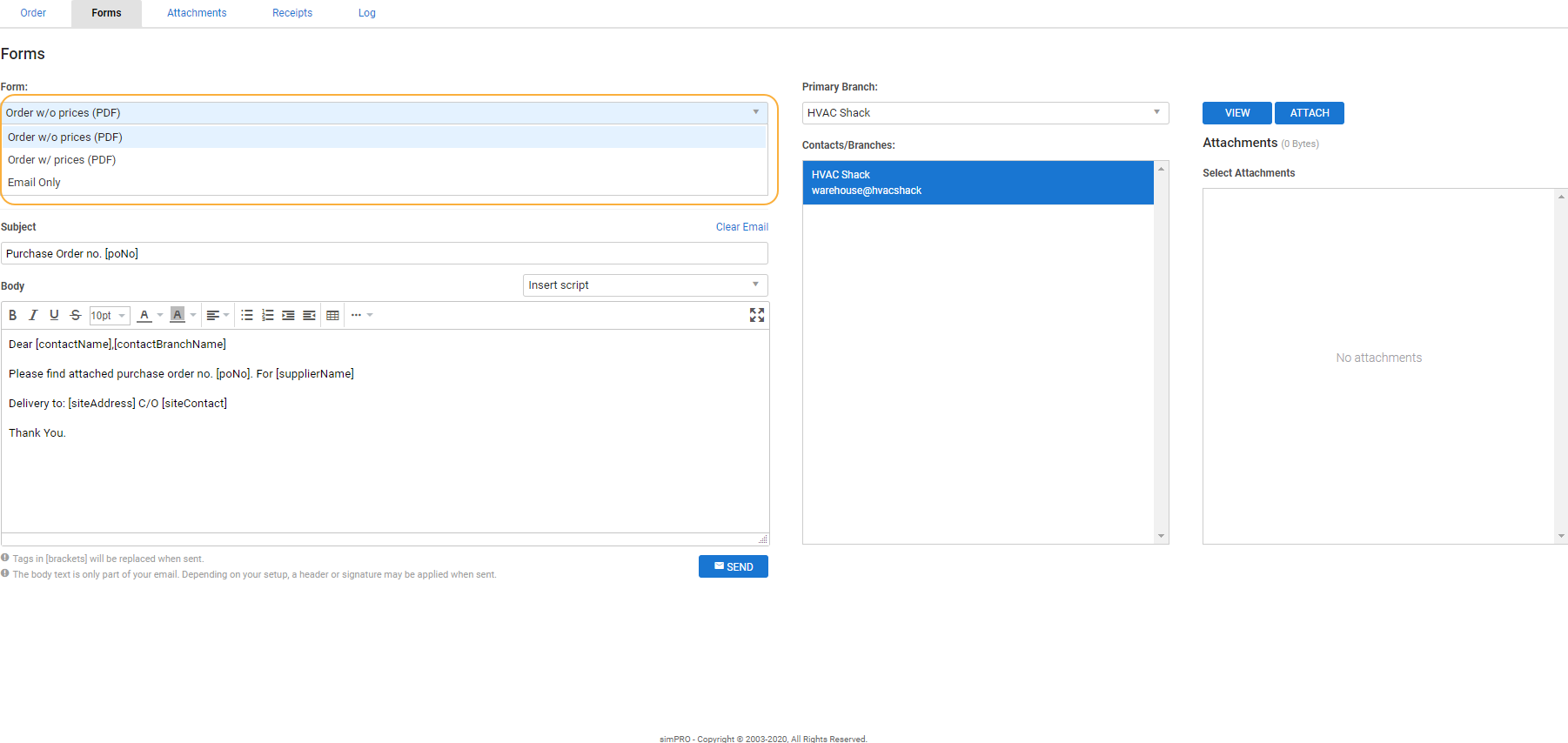 A screenshot of the available form templates in a purchase order Forms tab.