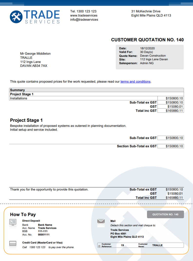 A screenshot of the How To Pay section on a quote form PDF.