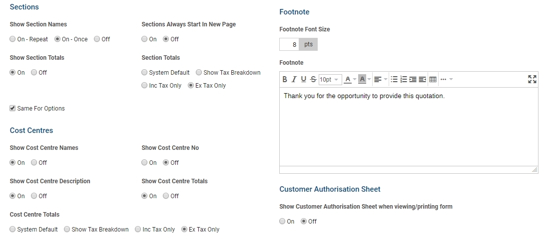 A screenshot of the customer authorisation sheet options.