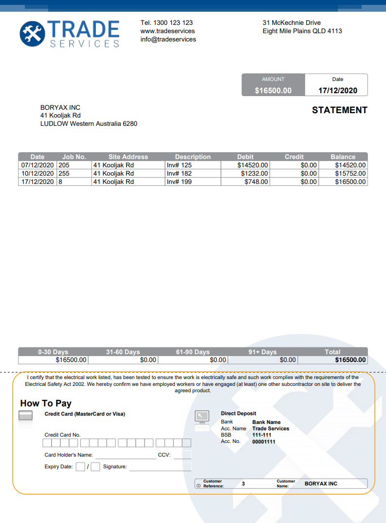 A screenshot of a How To Pay section with credit card and direct deposit information on a PDF statement.