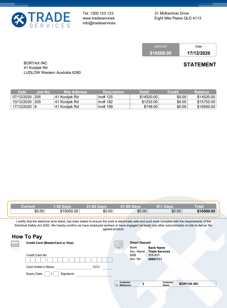 A screenshot of invoice totals grouped according to their due date on a PDF statement.