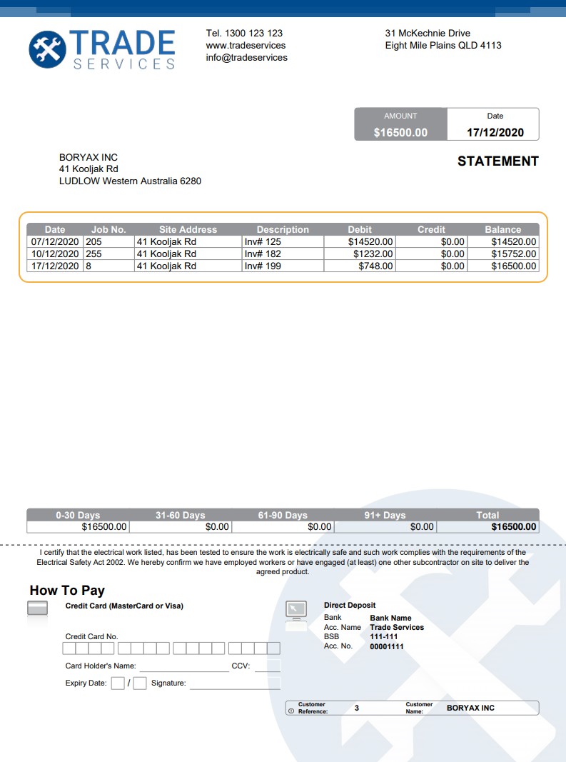 A screenshot of an oustanding invoice table on a statement PDF form.