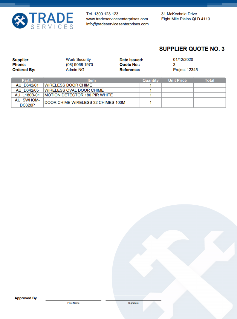 A screenshot of the summary of sections and cost centres on a quote PDF form.