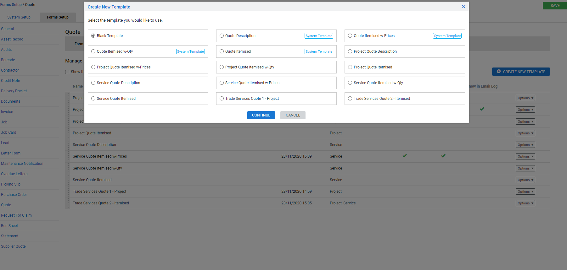 A screenshot of the templates available for form builder.