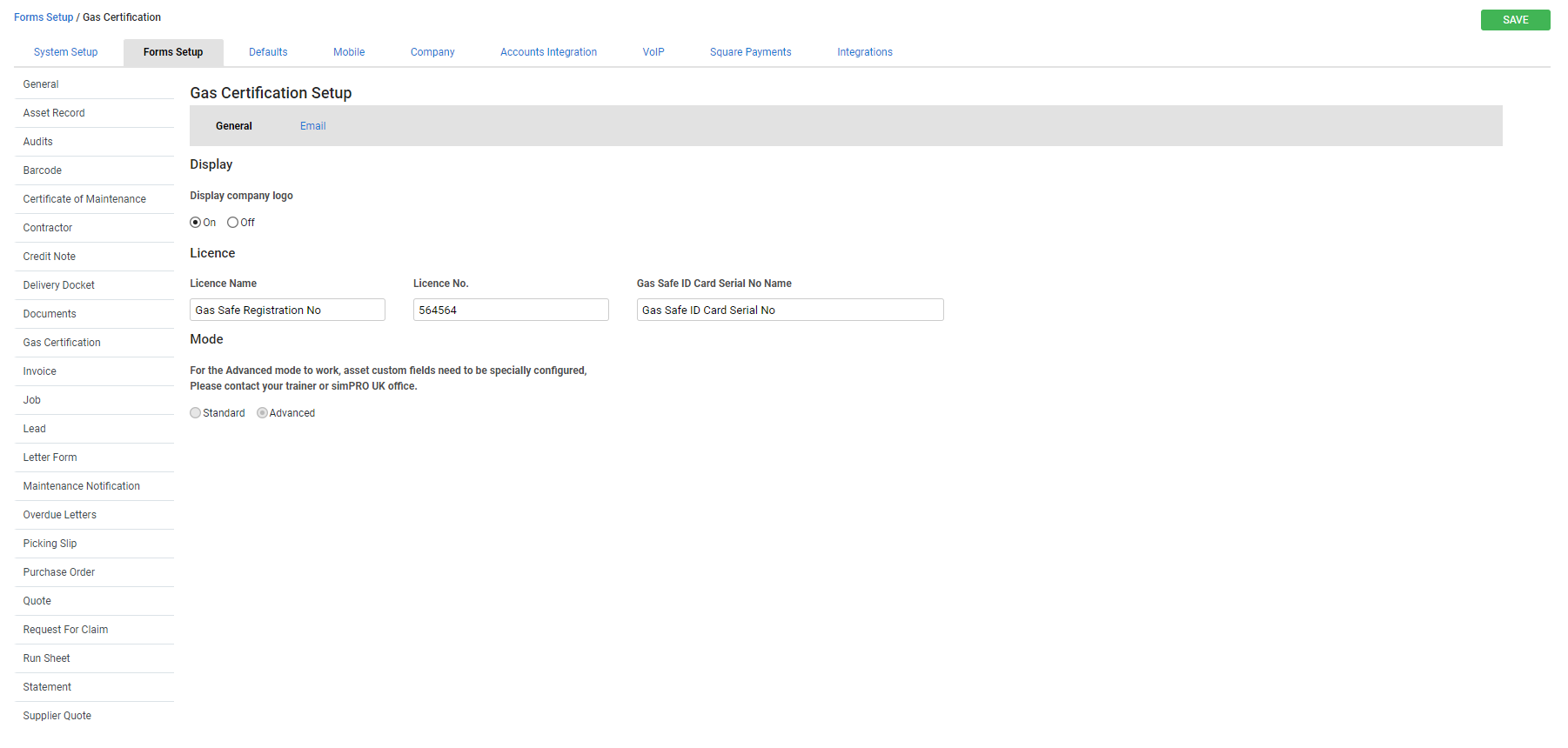 A screenshot of the Gas Certification Forms Setup page.