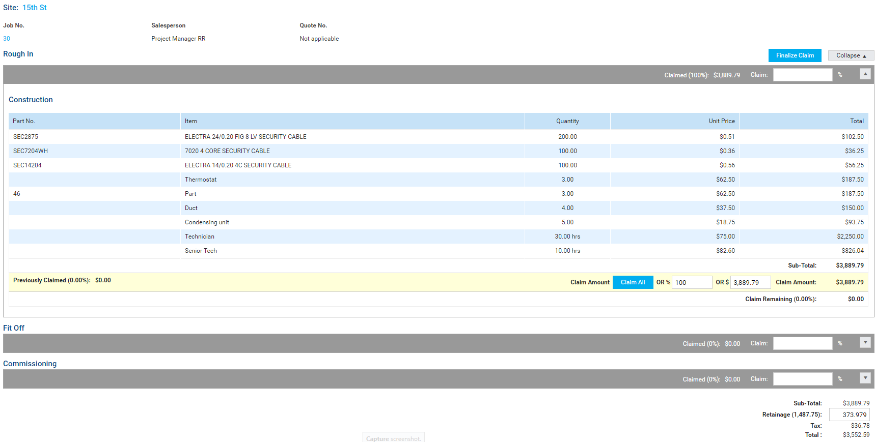 A screenshot of the manually calculated Retainage value for the request for claim.