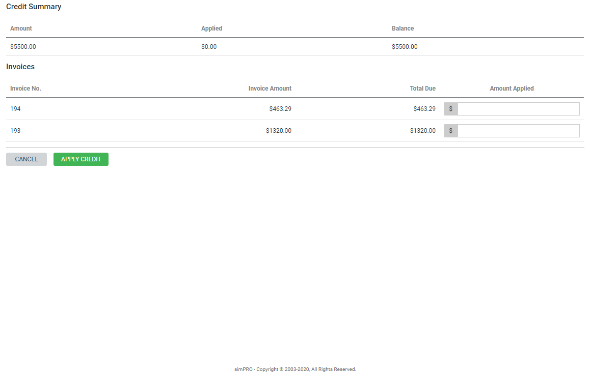 A screenshot of the invoice table where you can apply credits.