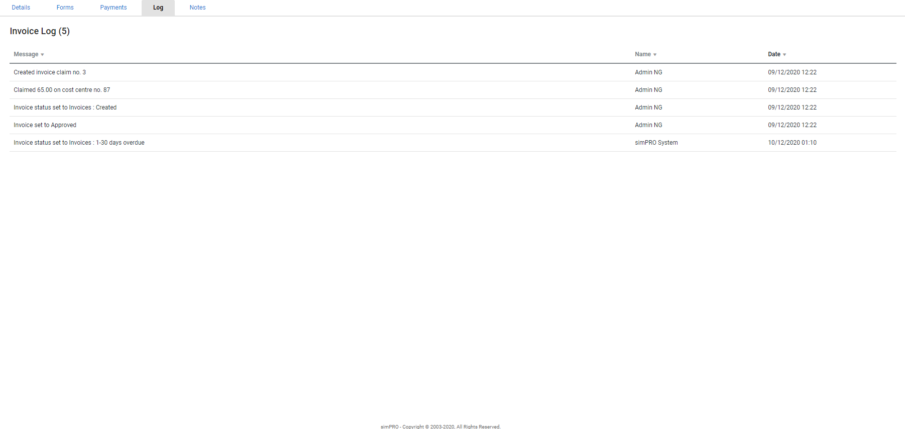 A screenshot of the invoice log table.