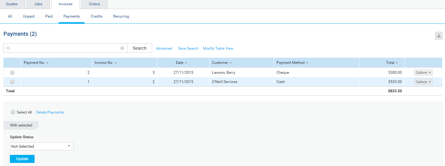 A screenshot of the Payments table.