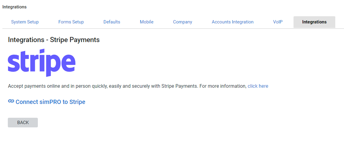 A screenshot of the Stripe Payments option in the Integrations tab.
