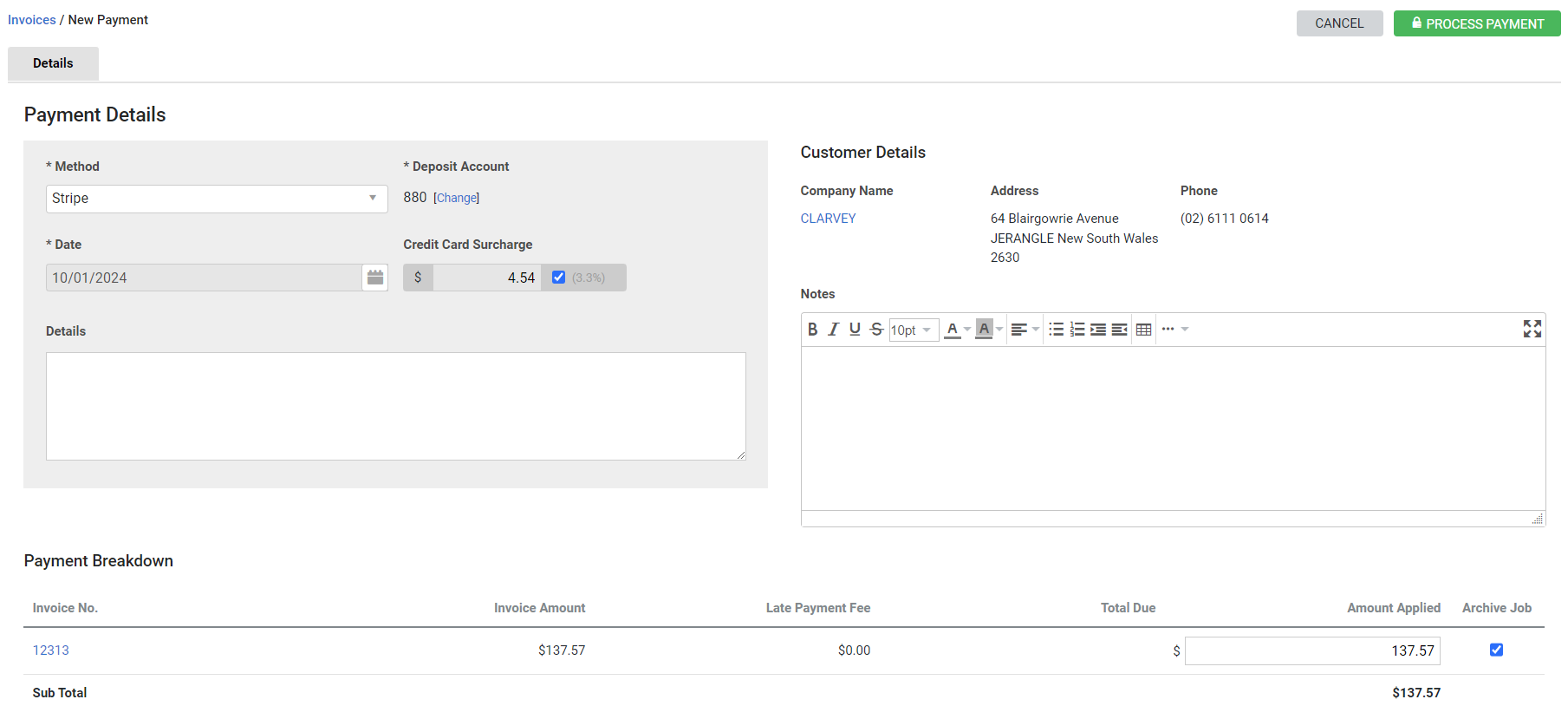 A screenshot of the Stripe payment method selected.