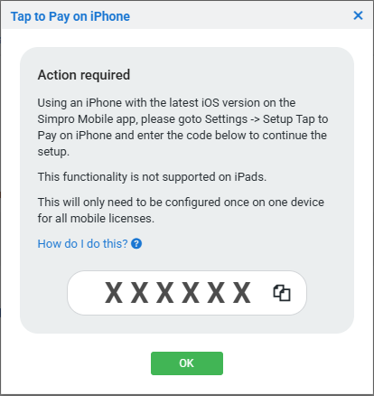 A screenshot of the Tap to Pay on iPhone activation code.