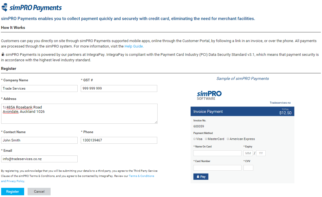 A screenshot of the New Zealand registration page for simPRO Payments.