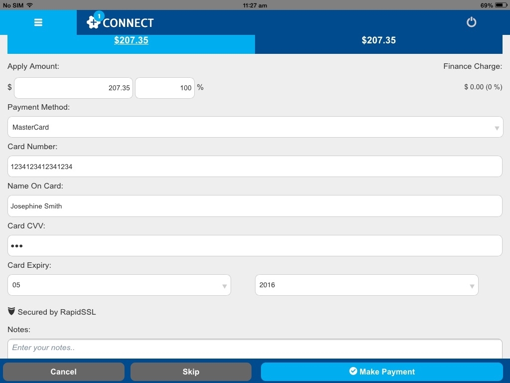 A screenshot of a payment being collected in Connect.