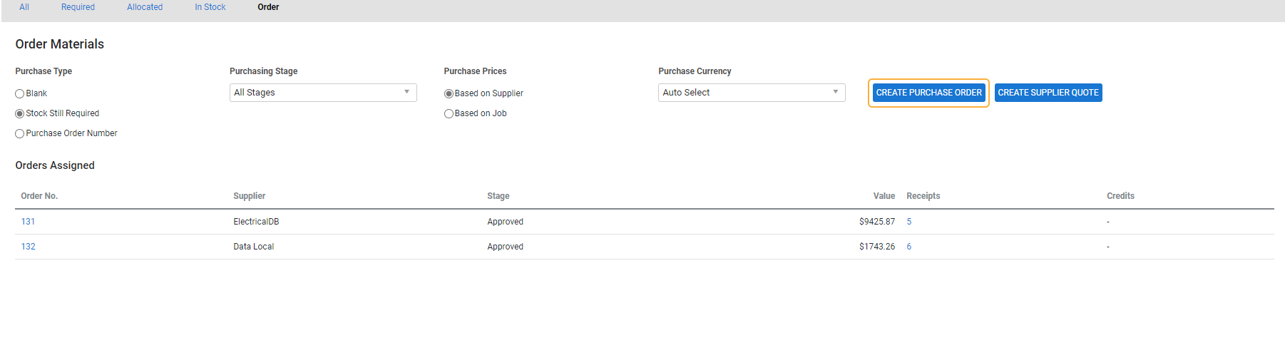 A screenshot of the Create Purchase Order button in the Order sub-tab.