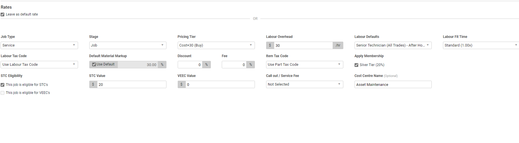 A screenshot of the service job Optional tab.