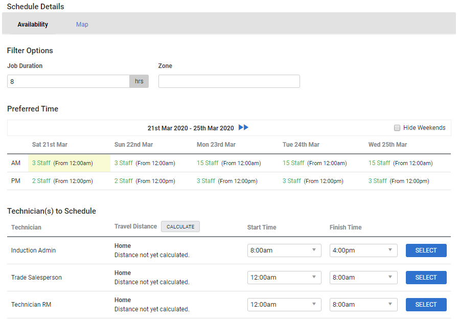 A screenshot of the scheduling filter options in the Job Setup page.