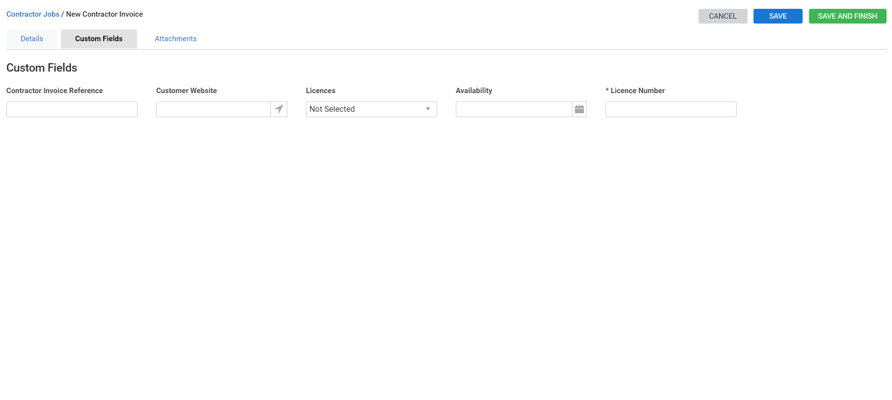 A screenshot of the Custom Fields tab in a contractor invoice.