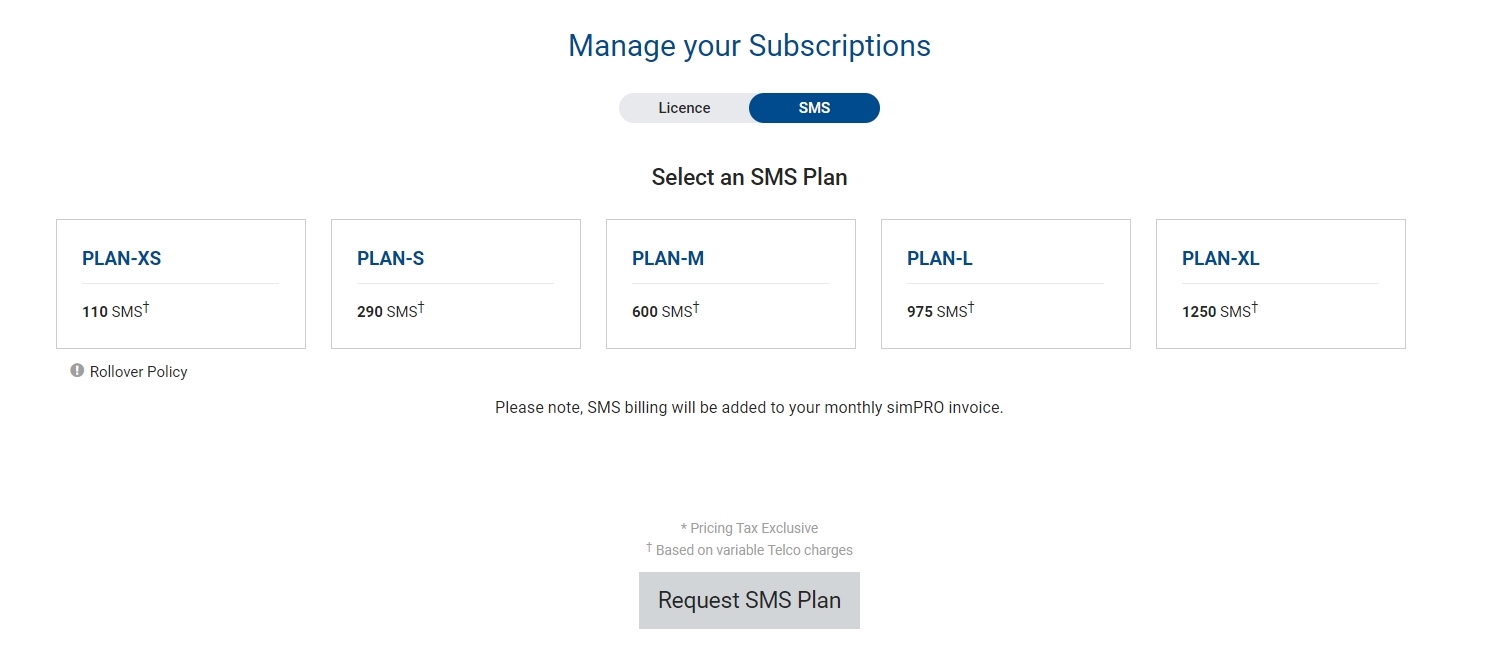 A screenshot of the different plan options for SMS.