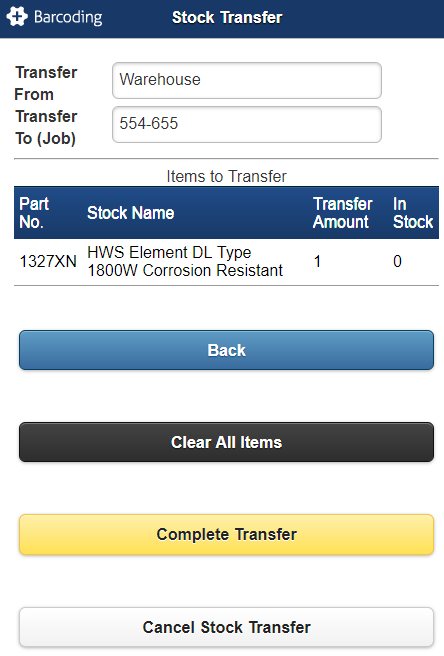 A screenshot of the options available when you have completed a stock transfer to a job.