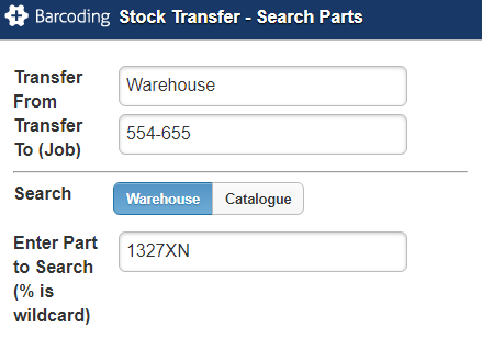 A screenshot of the search bar for barcode-based stock transfers.