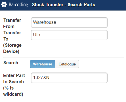 A screenshot of the options for transferring stock to a storage device using barcodes.