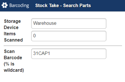 A screenshot of the stocktake search and scan options on the barcoding site.