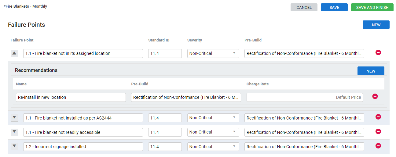 A screenshot of Maintenance Planner pre-builds in failure points.